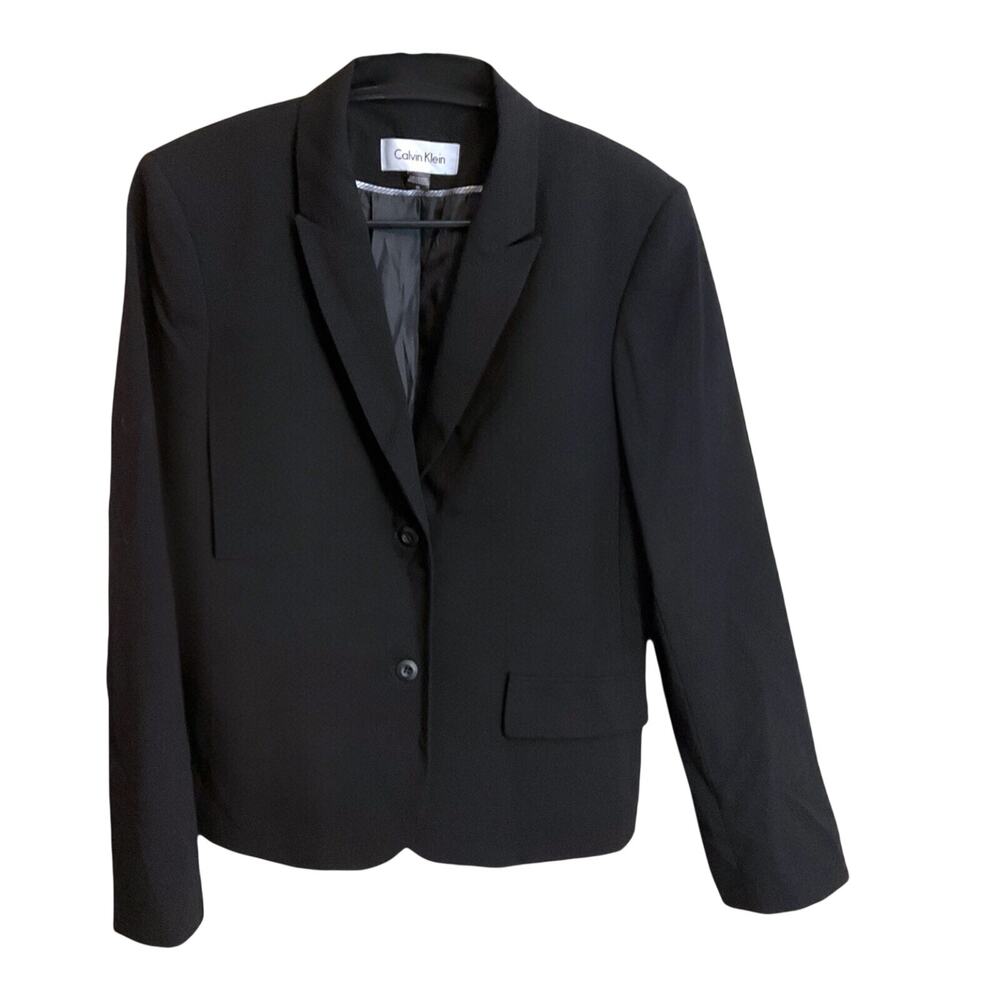 CALVIN KLEIN Blazer Jacket Women's Size 10 Black Lined Stretch 2 Buttons - Picture 2 of 10